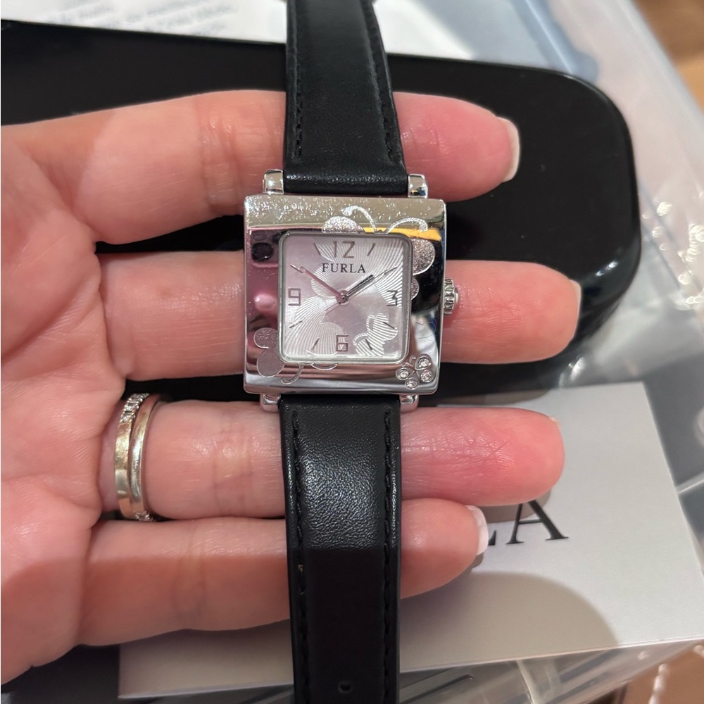 Furla Silver and Black Leather butterfly Dany Watch